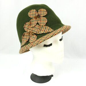 NEW Ophelie Wool Felt Houndstooth Floral Clochet Bowler Hat Olive Green Canada